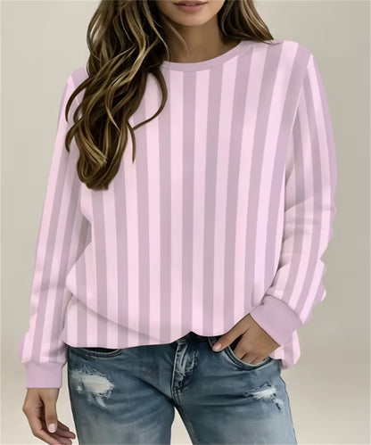 Women's Pink Mint Vertical Stripe Print Crew Neck Sweatshirt, Long Sleeve Casual Pullover Top