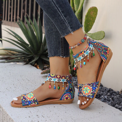 Printed Fabric Wedge Tassel Round Toe Sandals