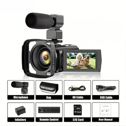 16x Zoom 1080P HD Digital Camera Bundle with 2 Batteries, 32G TF Card, Mic, Hood & Bag