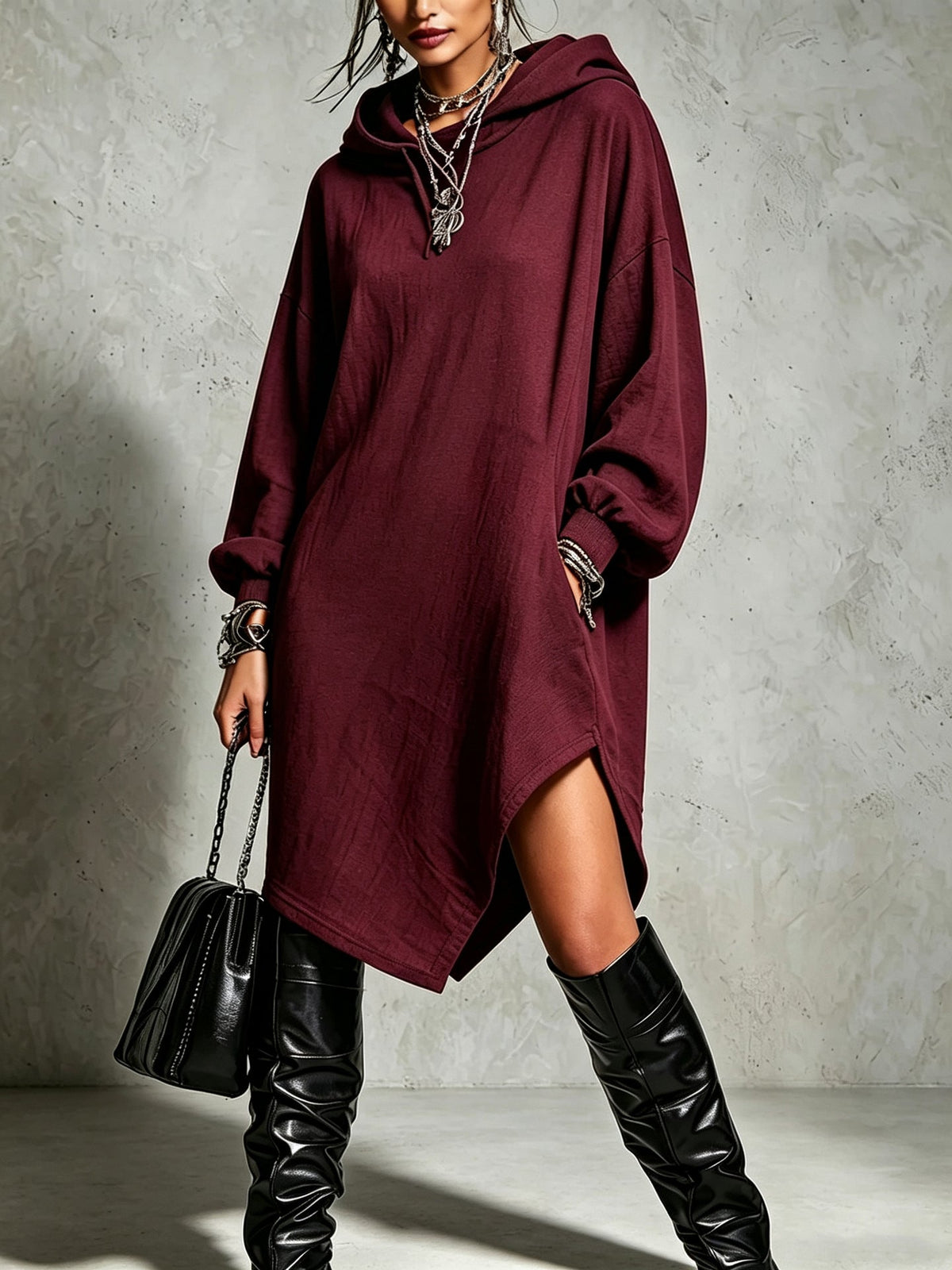 Womens Solid-Color Irregular Side-Slit Hooded Sweatshirt Dress