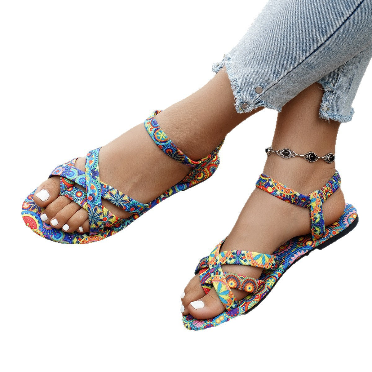 Flat-bottomed Printed Thong Sandals In Roman Style