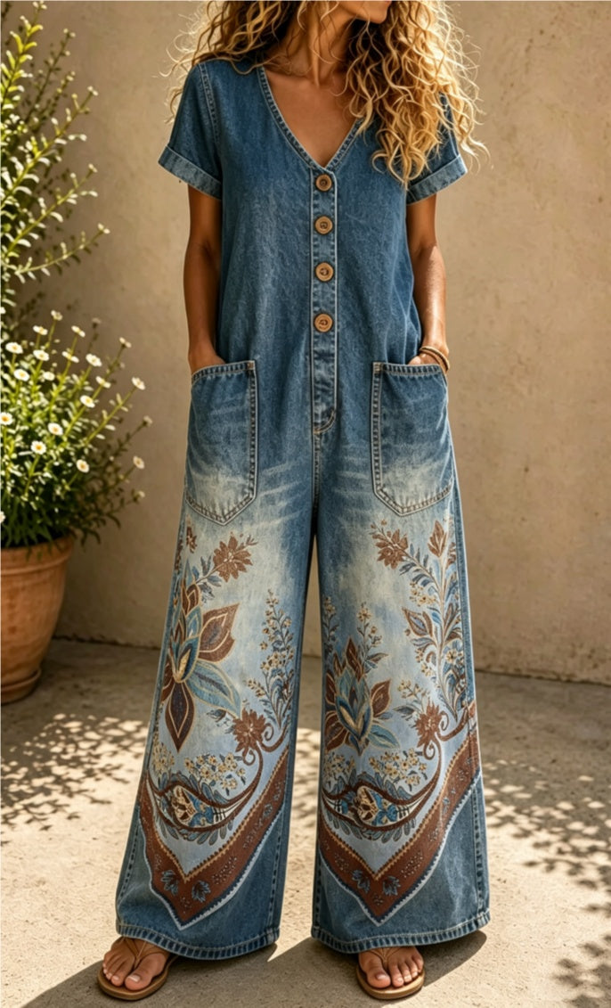 Buttoned Pockets Comfortable Short Sleeves Casual One-piece Wide-leg Jumpsuit