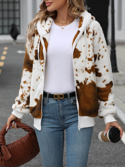 Fuzzy Drawstring Zip Up Hooded Jacket for Cozy Style