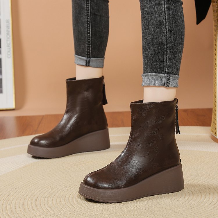Retro Fashion And Comfortable Short Boots, New Round Toe Thick Sole Height Increasing Single Boot
