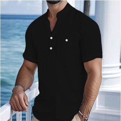 Stand Collar T-shirt Linen Short Sleeve Shirt Men