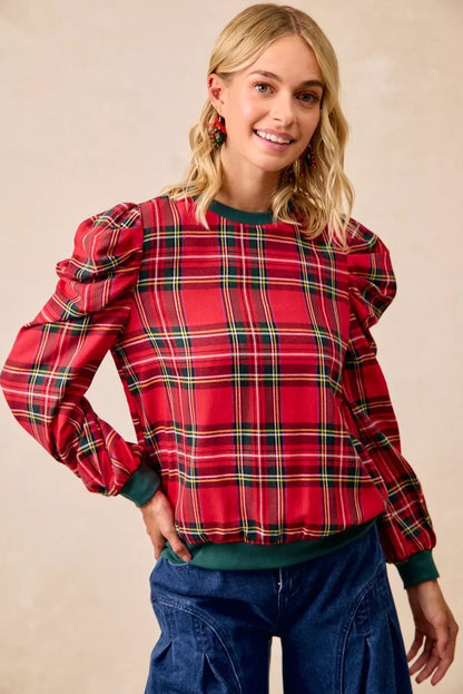 BiBi Christmas Plaid Exaggerated Shoulder Sleeves Top
