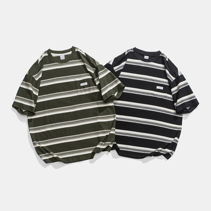 Casual Loose Striped Pocket Round Neck T-shirt