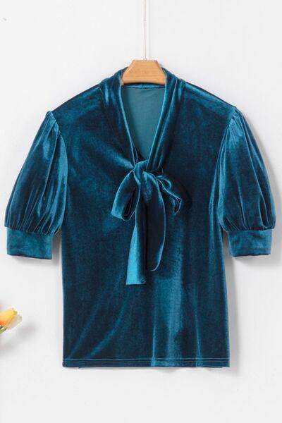 Tie Neck Half Sleeve Blouse for Women in Sheer Fabric