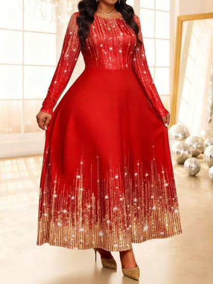 Plus-size Womens Sequined Crew-neck Long-sleeve Dress