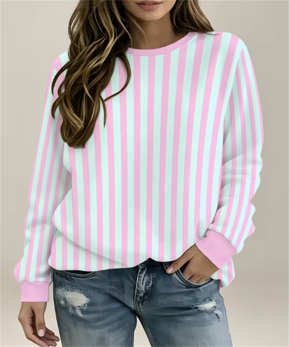 Women's Pink Mint Vertical Stripe Print Crew Neck Sweatshirt, Long Sleeve Casual Pullover Top