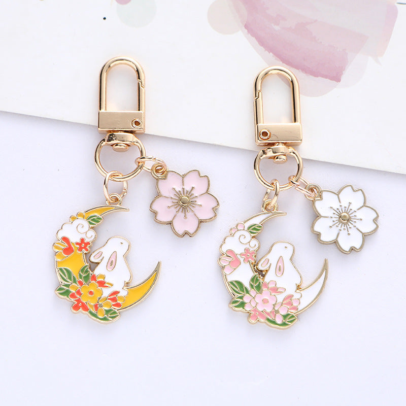 Cute Moon Rabbit Cherry Blossom Keychain