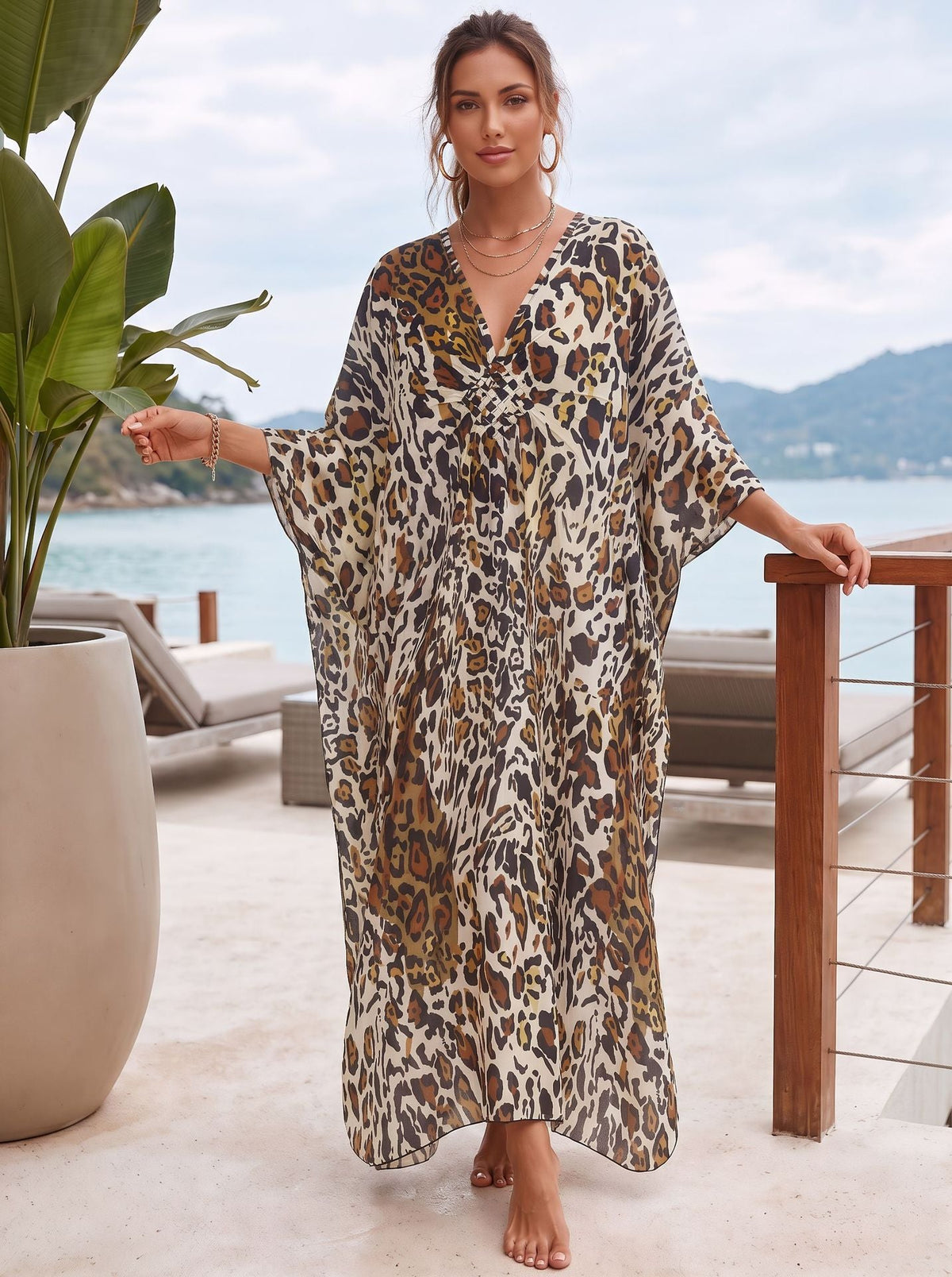Leopard Print Front-woven Rayon Beach Cover-up For Women, Suitable For Seaside Vacations, Foreign Trade