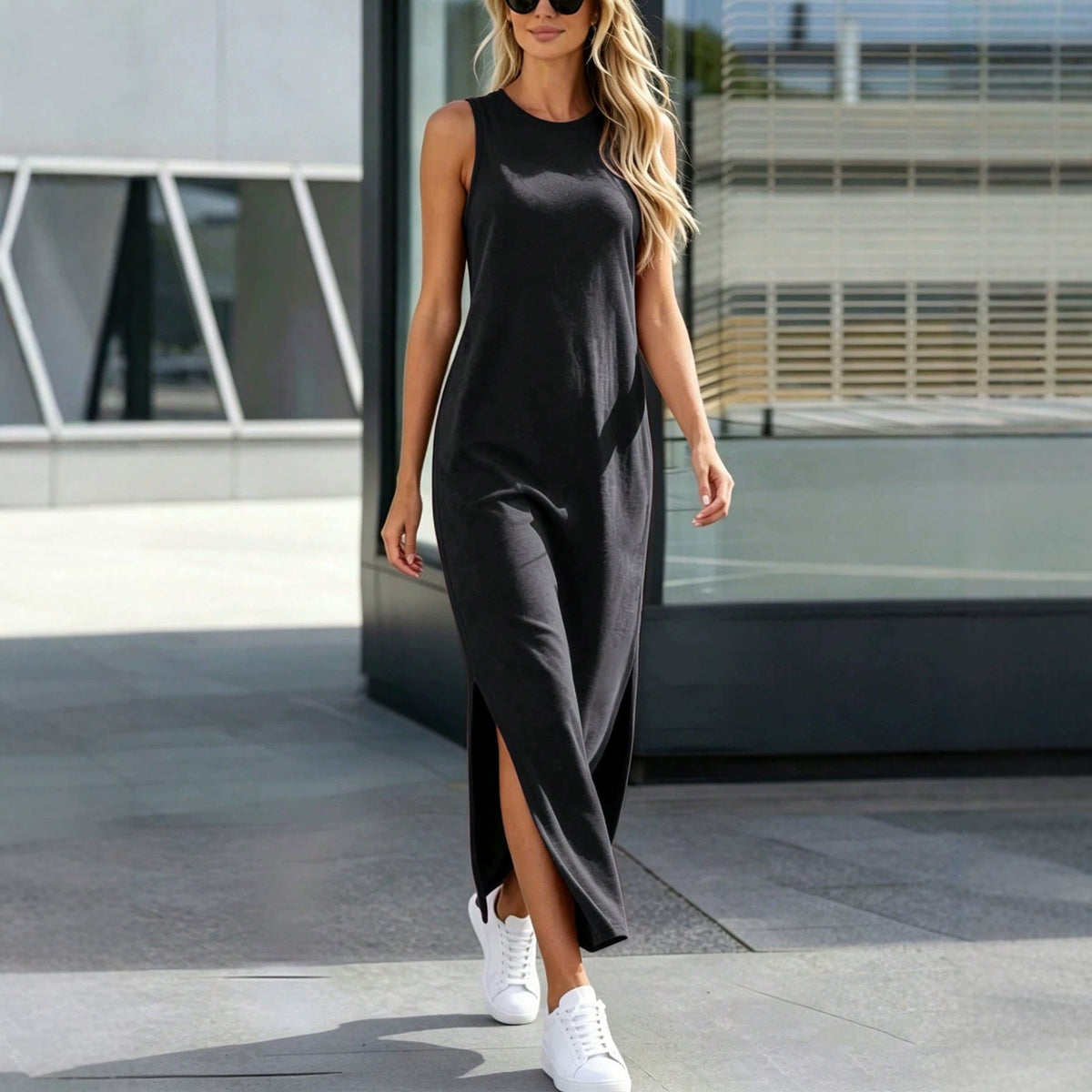 Sleeveless Slit Casual Loose-fit Figure-flattering Workwear Vest Dress
