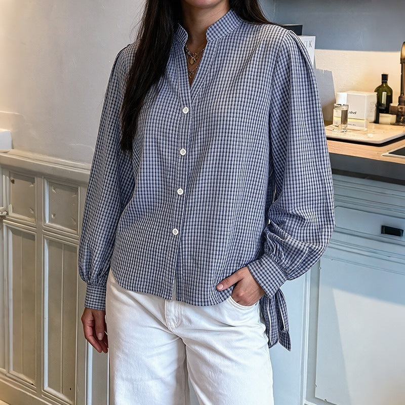 Gingham Plaid Tie-Cuff V-Neck Blouse