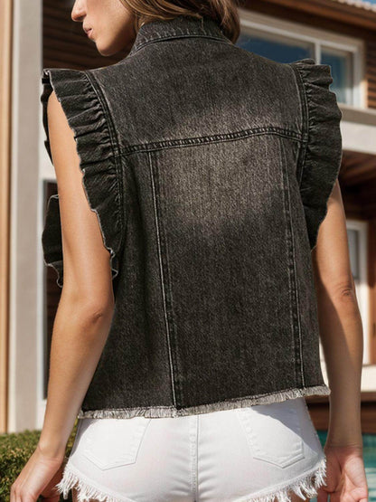 Raw Hem Ruffled Cap Sleeve Denim Jacket for Women