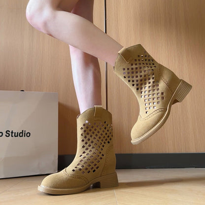 Women Vintage Retro Hollow Perforated Western Cowboy Booties Matching Casual Daily