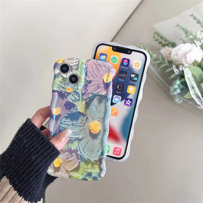 Retro Oil Painting Phone Case Blu-ray Flowers Shockproof Case For13 12 13pro 14pro 13 Pro Max Silicone Phone Cover