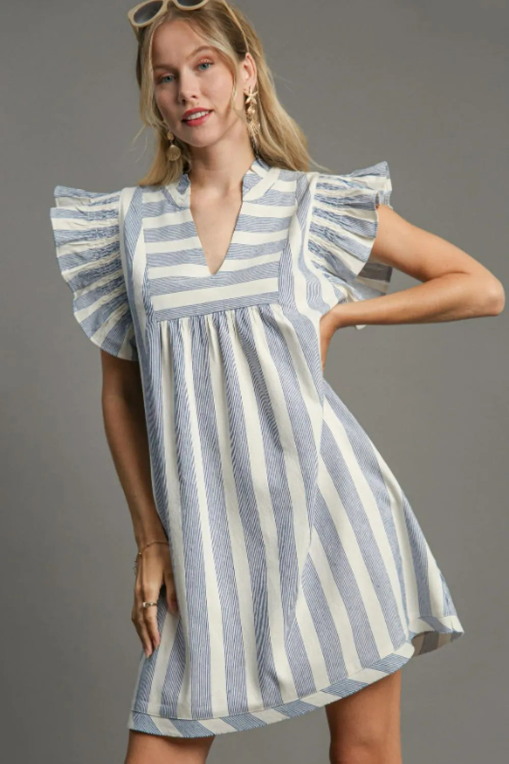 Umgee Full Size Striped Notched Ruffled Cap Sleeve Mini Dress Plus Size