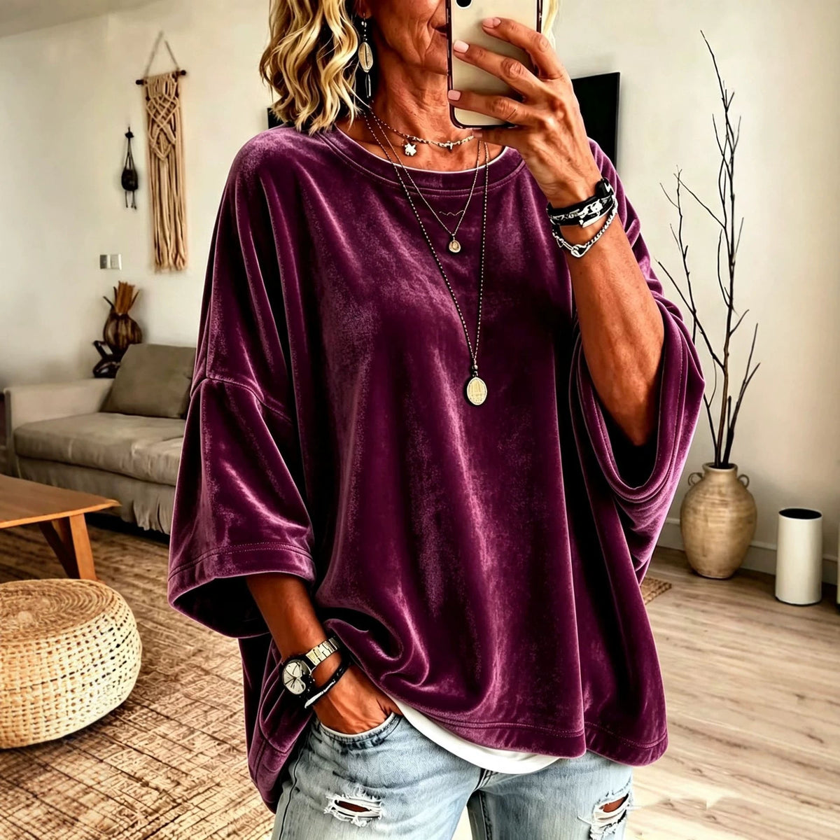 Womens Round-neck Top, Velvet Sweatshirt