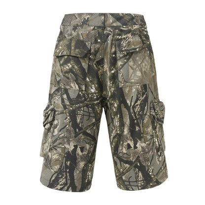Retro Distressed Branch-Texture Camouflage Shorts For Men