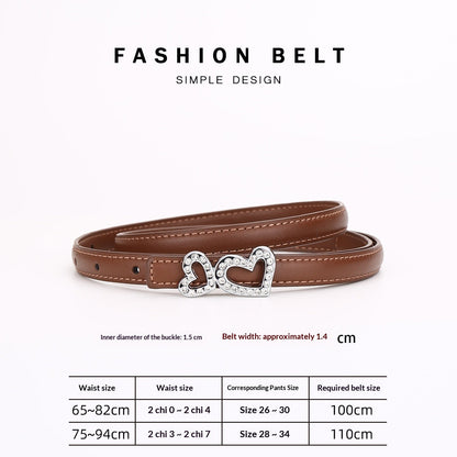 Genuine Cowhide Women's Slim Belt - Heart Shape Rhinestone Decorated Thin Waist Strap for Dress