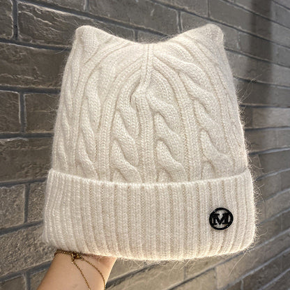 Cute Cat-ear Knitted Wool Warm Hat Versatile Face-slimming
