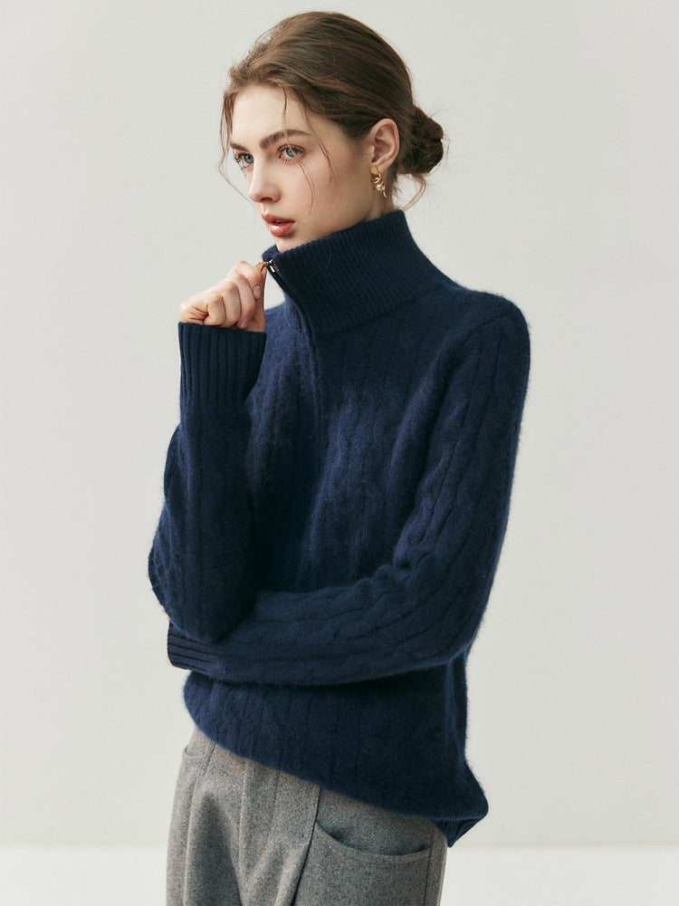 Half-Zip Cable-Knit High-Neck Goat Cashmere Sweater