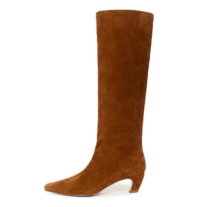 French Minimalist-style Square-toe Kitten-heel Over-the-knee Straight-leg Leather Booties