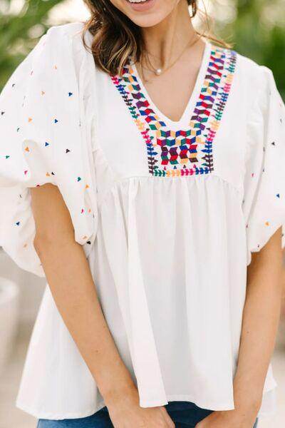 Printed V-Neck Puff Sleeve Top for Effortless Style