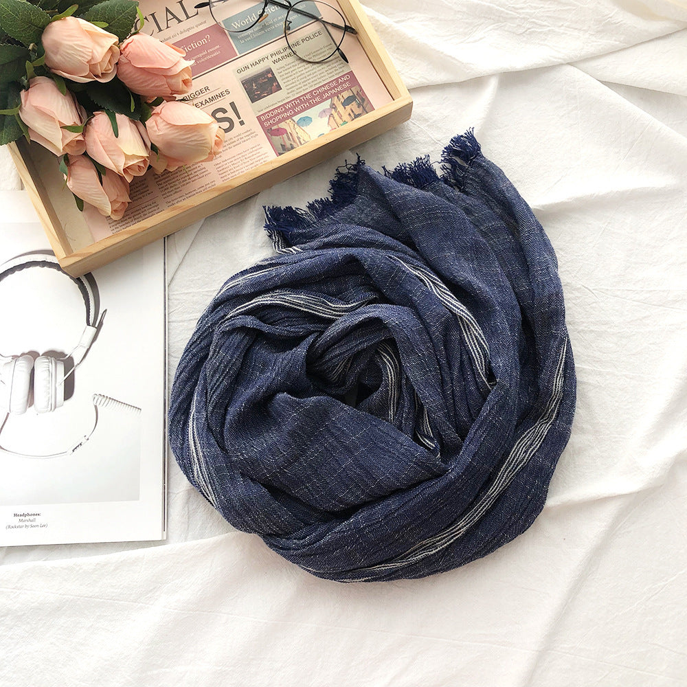 Japanese Korean Striped Solid Color Cotton And Linen Scarf