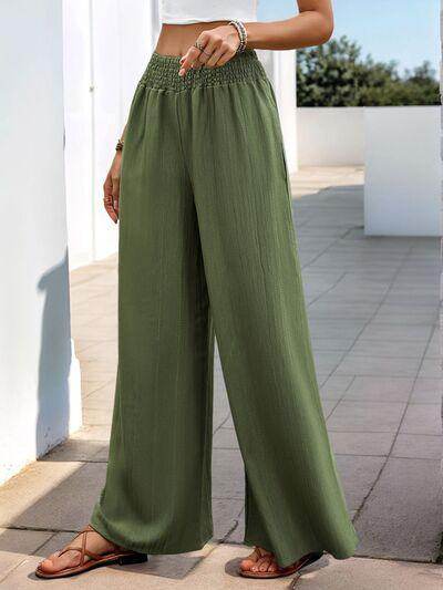 Perfee Smocked Wide Leg Pants for Women with Pockets