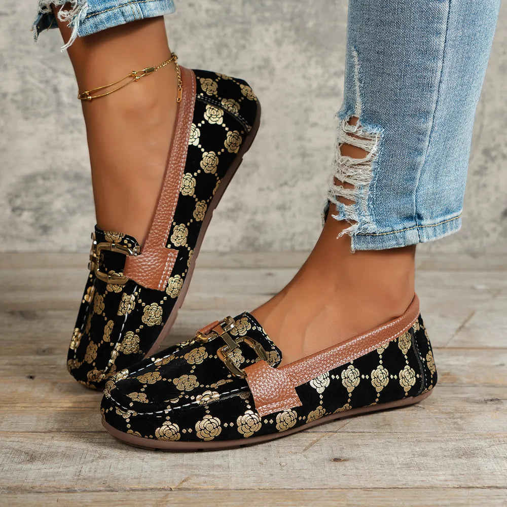 Floral PU Leather Flat Loafers