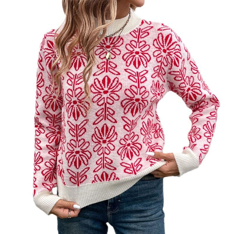Flower Round Neck Long Sleeve Sweater