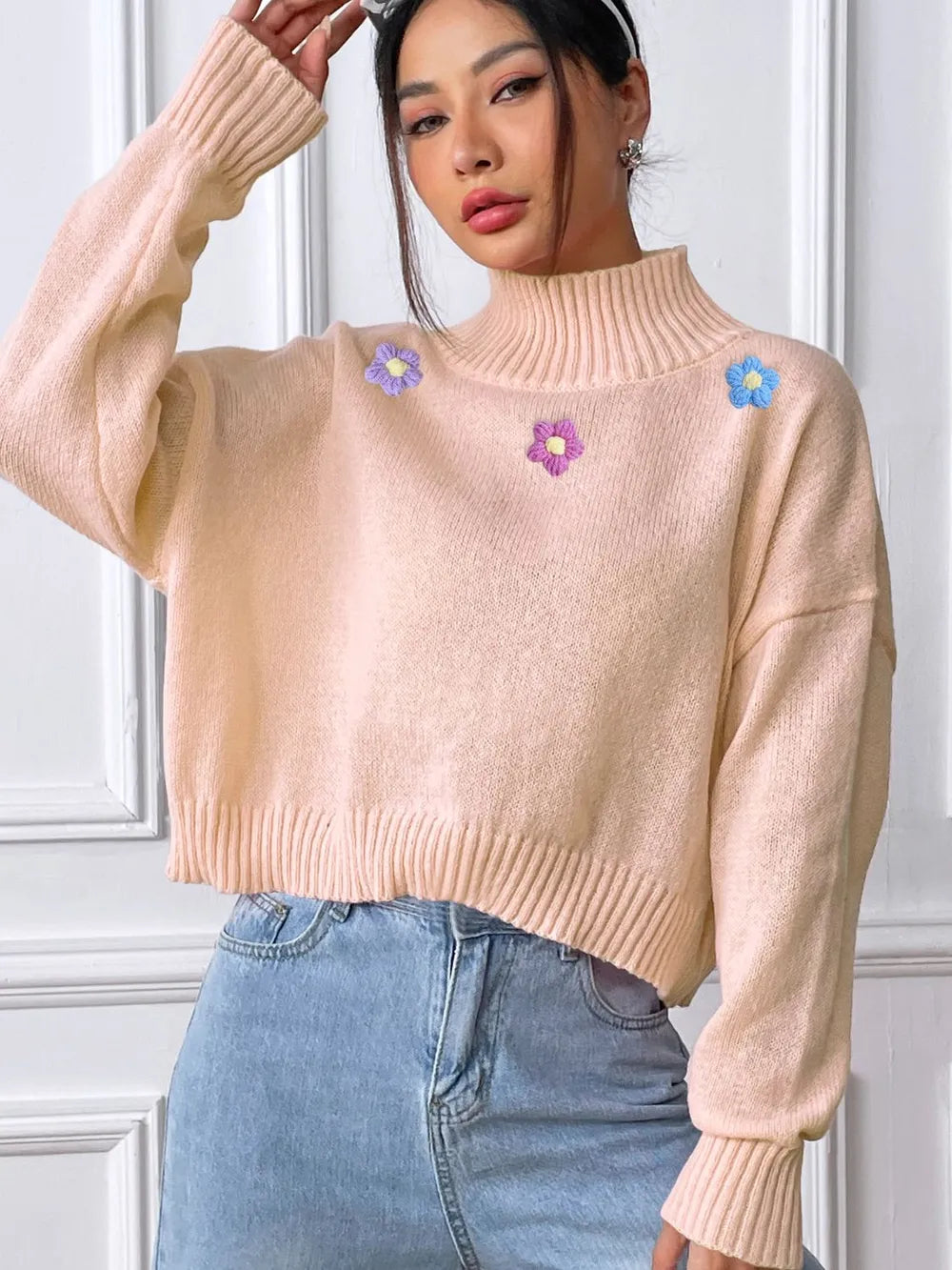 Hand hook flower collage high neck pullover sweater loose casual base sweater