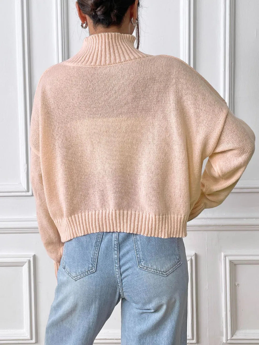 Hand hook flower collage high neck pullover sweater loose casual base sweater