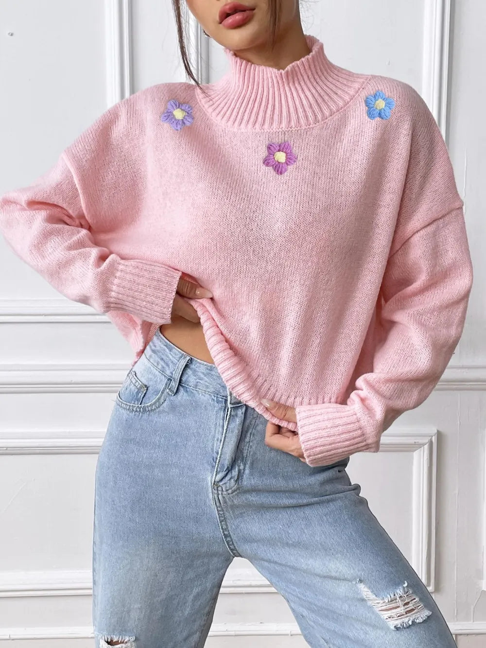 Hand hook flower collage high neck pullover sweater loose casual base sweater
