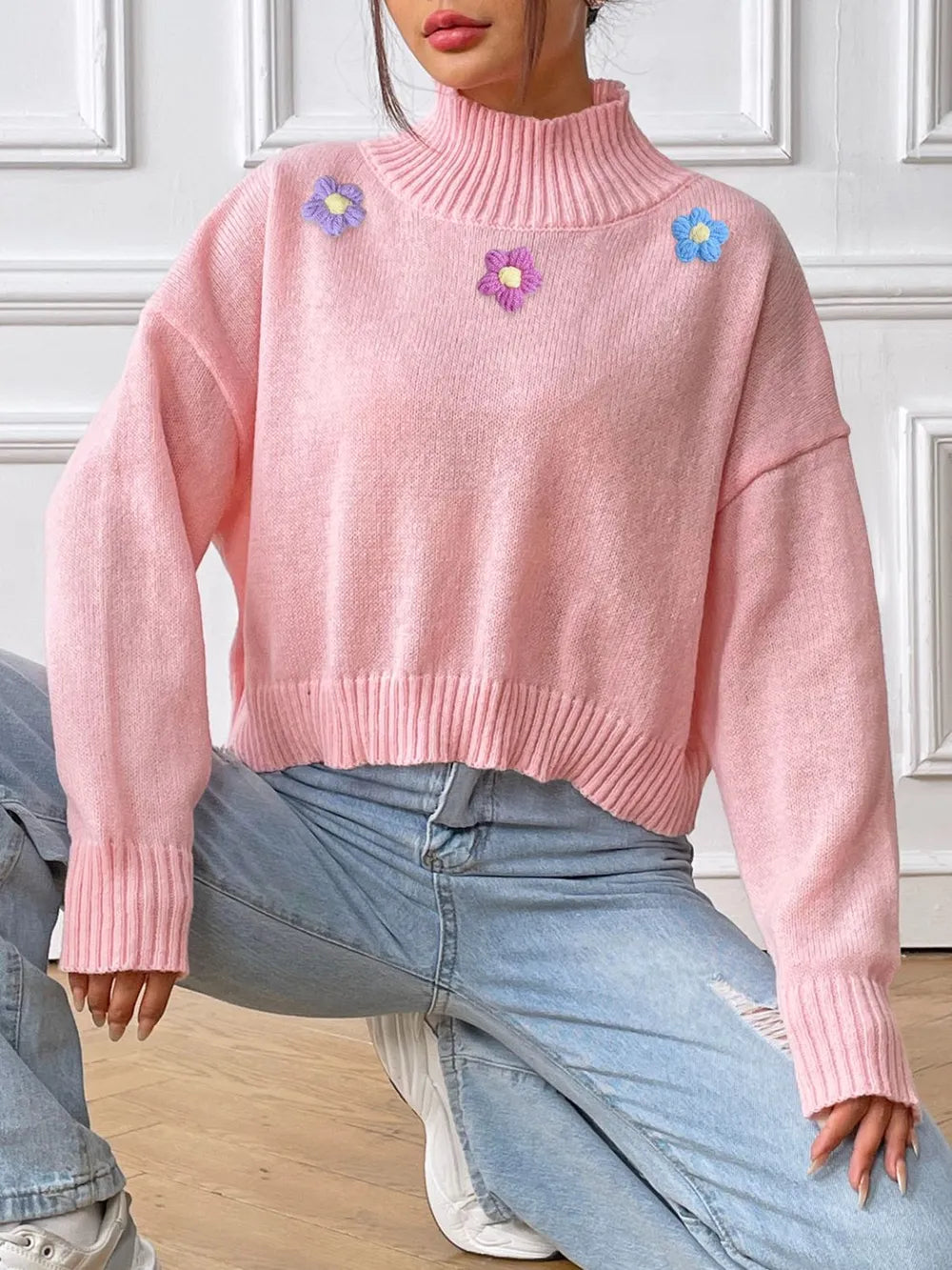 Hand hook flower collage high neck pullover sweater loose casual base sweater
