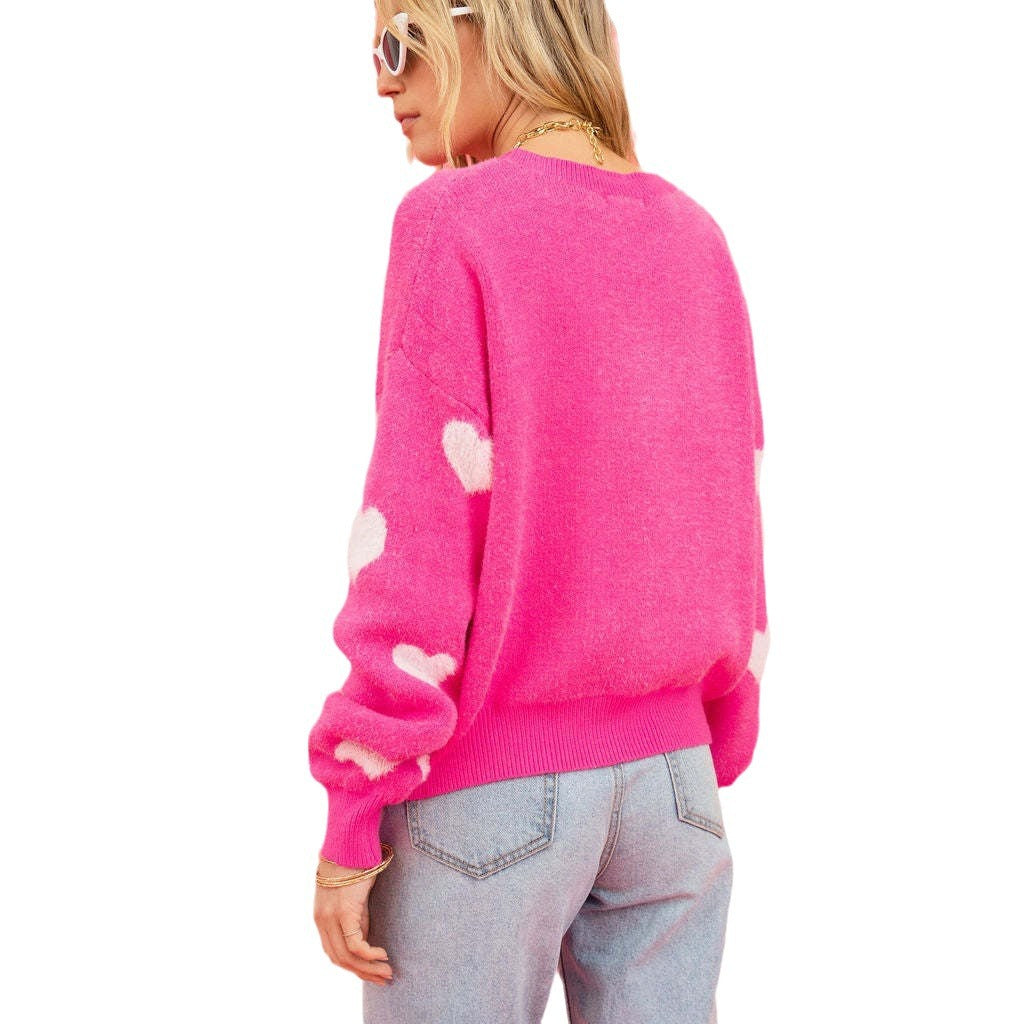 Heart Round Neck Dropped Shoulder Sweater