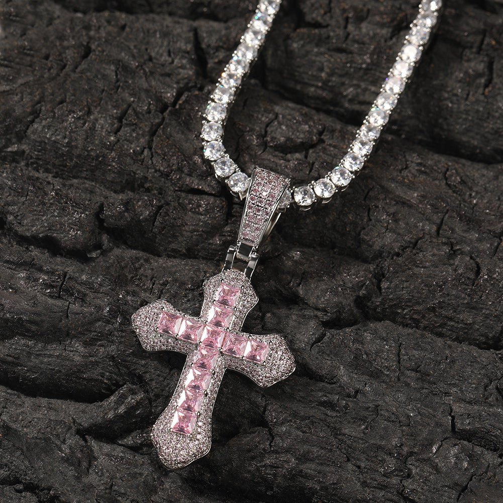 Hip-hop copper-inlaid purple zircon cross necklace - velouriva