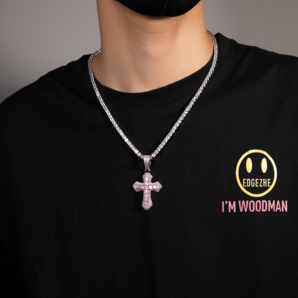 Hip-hop copper-inlaid purple zircon cross necklace - velouriva