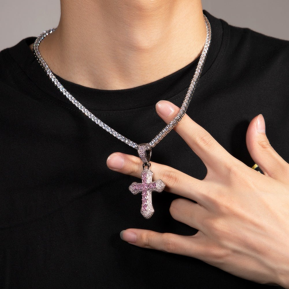Hip-hop copper-inlaid purple zircon cross necklace - velouriva
