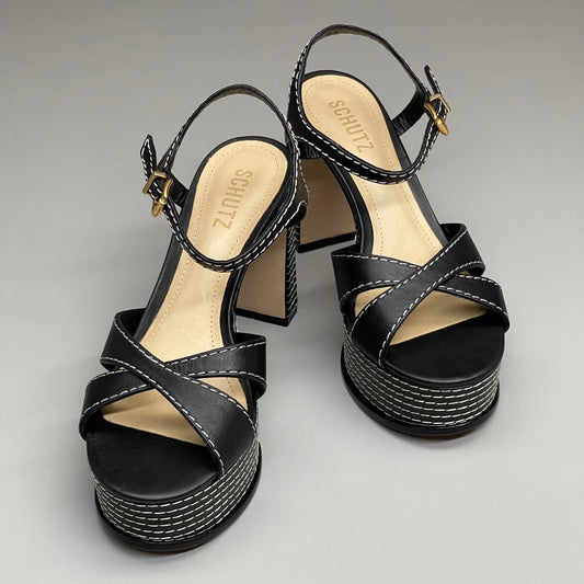 SCHUTZ Keefa Casual Women's Leather Sandal Black Platform 4" Heel Shoes Sz 9B (New)