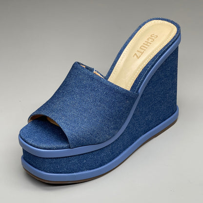 SCHUTZ Dalle Denim Women's Wedge Sandal Blue Platform Shoe Sz 9.5B (New)
