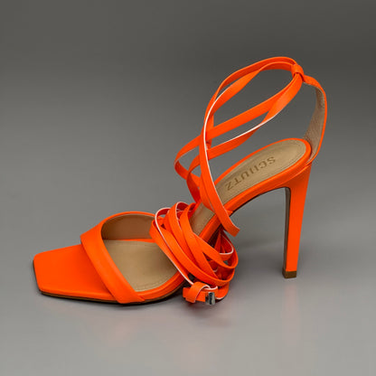 SCHUTZ Bryce Ankle Tie Women's High Heel Leather Strappy Sandal Acid Orange Sz 7.5 (New)