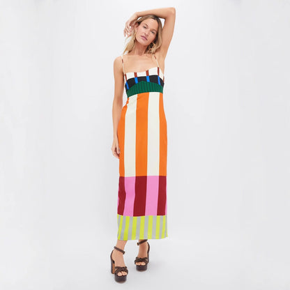 Medium length dress with camisole color blocking