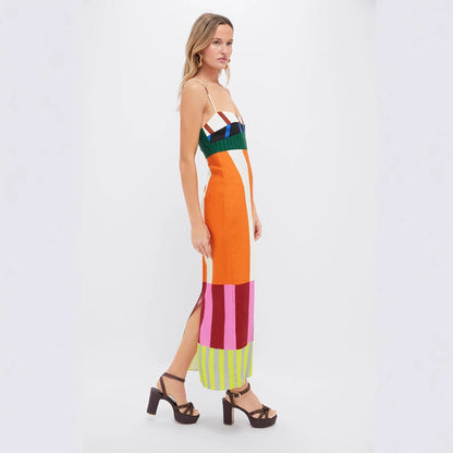 Medium length dress with camisole color blocking