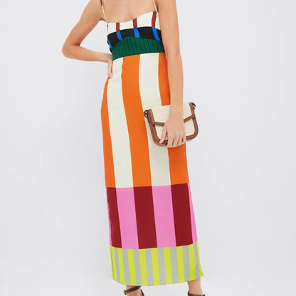 Medium length dress with camisole color blocking