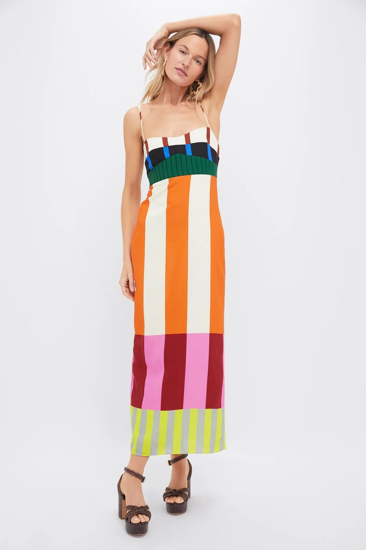 Medium length dress with camisole color blocking