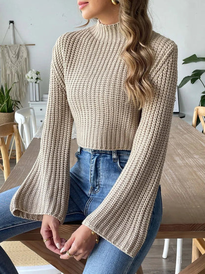New autumn and winter flared sleeve semi high neck pullover sweater