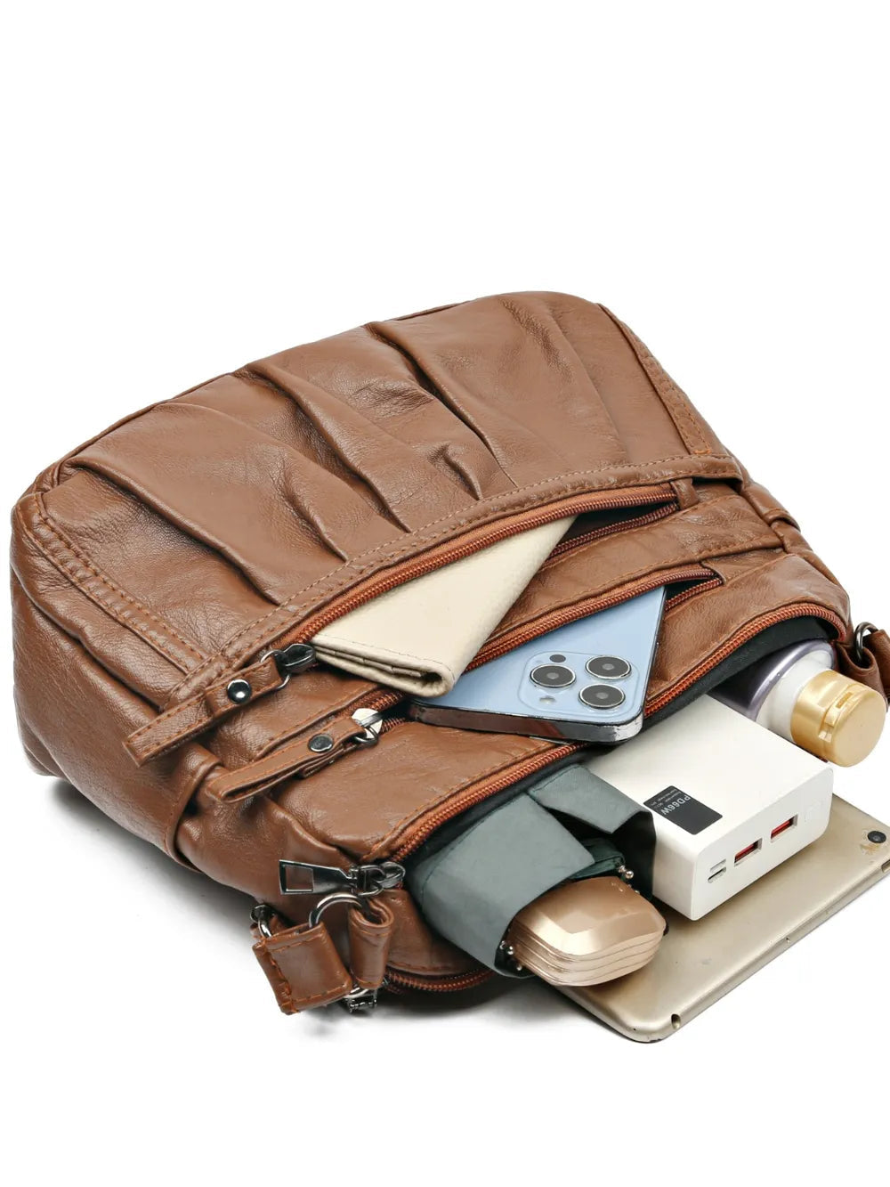PU Leather Ruched Adjustable Strap Shoulder Bag